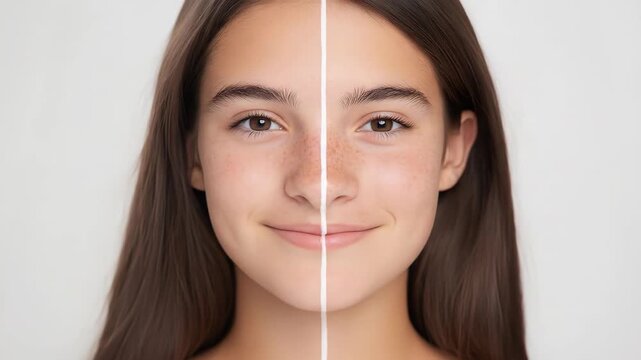 Young person face split comparison skin care treatment result