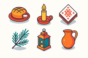 Orthodox New Year Icons. Orthodox New Year Traditions modern flat icon set: bread and salt, candle, embroidered napkin, pine twig, lantern, pitcher.