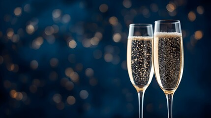 Two elegant champagne flutes filled with sparkling bubbly wine and effervescent bubbles against a dark blue bokeh background celebrating a special occasion