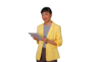 Asian businesswoman smiling and holding digital tablet, providing professional communication and connectivity, transparent background
