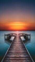 Obraz premium wooden dock, sunset, serene lake, still water, tranquil scene, golden sky, reflective surface, peaceful atmosphere, calming landscape, dramatic lighting, vibrant colors 