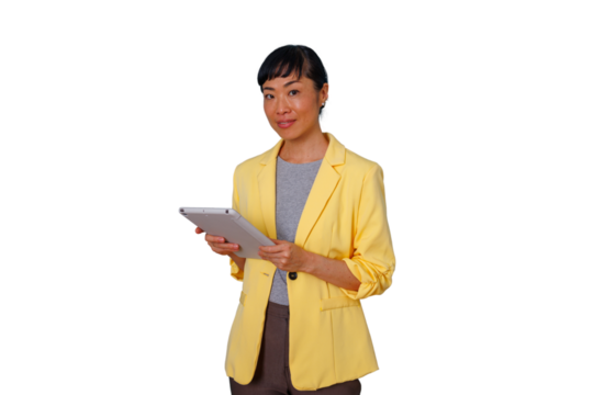 Asian businesswoman smiling and holding digital tablet, providing professional communication and connectivity, transparent background - Powered by Adobe
