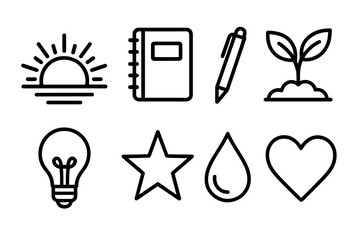Symbolic Growth Icons. Fresh Growth Journey outline icon set: sunrise, notebook, pen, leaf sprout, lightbulb, star, water drop, heart.