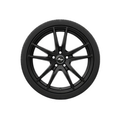 Fototapeta premium Matte Black Custom Car Wheel with Intricate Spoke Design and Subtle Logo on Isolated Transparent Background