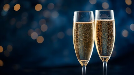 Two elegant champagne flutes filled with bubbly golden champagne stand against a dark blue background with soft bokeh lights creating a festive atmosphere
