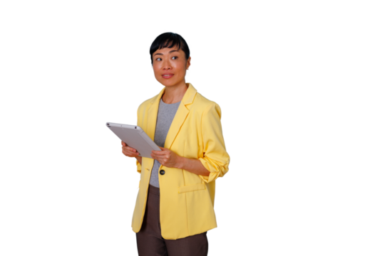 Asian businesswoman holding digital tablet, smiling, looking away, planning strategy and managing business on transparent background