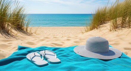 A beach towel with a straw hat and flipflops on a sandy beach with the ocean in the background, perfect for summer vacation