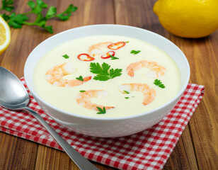 A bowl of creamy seafood soup served in a bowl, garnished with fresh herbs. Ai