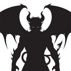 Powerful demon silhouette with bat wings and glowing eyes, symbolizing evil, fantasy, and dark mythology in a striking black and white design.