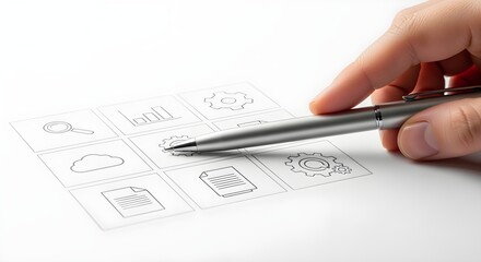 Hand with pen pointing at a grid of digital icons on a white surface, symbolizing conceptual design, system development, and strategic technology selection