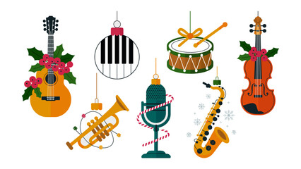 Musical Ornament Collection: A charming assembly of festive musical instrument ornaments, each ready to add a harmonious note to holiday celebrations. The cheerful arrangement of acoustic guitar.