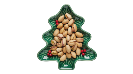 Festive green christmas tree shaped dish filled with delicious pistachios and small red berry decorations isolated on transparent background