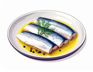 Cartoon of a plate of pickled herring fillets with olive oil and peppercorns. Ai