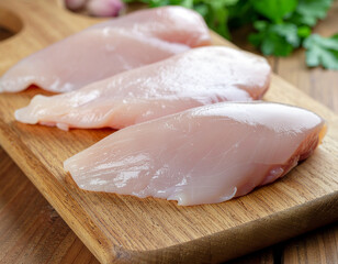 Three raw chicken breasts placed on a wooden cutting board. Ai
