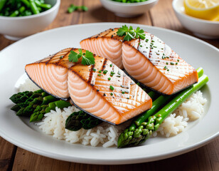 Salmon fillet cartoon on a bed of white rice and asparagus. Ai