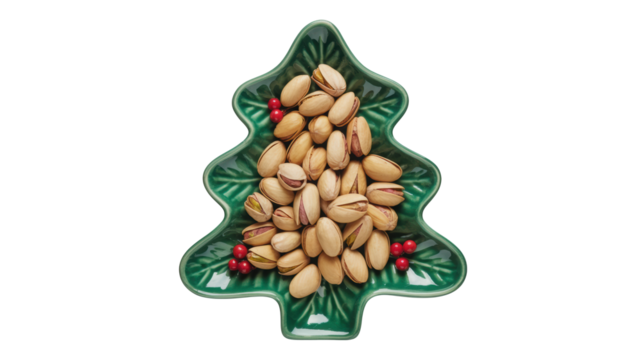 Festive green christmas tree shaped dish filled with delicious pistachios and small red berry decorations isolated on transparent background - Powered by Adobe
