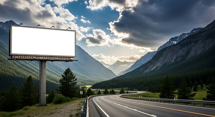 Blank billboard stands tall along a scenic mountain highway under a dramatic sky ready for advertising