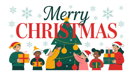 A Heartwarming Christmas: Children gather to decorate a Christmas tree, filled with anticipation and joy for the holiday season. The festive scene shows the beauty of togetherness.