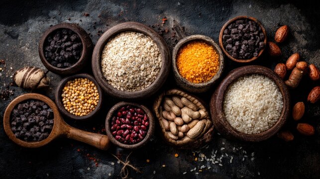 Assortment of dried grains legumes spices and nuts displayed in rustic bowls upon a dark surface