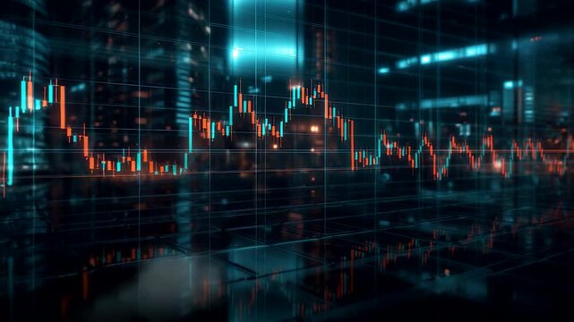 Glowing candlestick stock chart overlay on modern glass office building at night with data center vibe