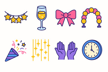 Festive Celebration Icons. New Year Festive Setup modern flat icon set: star garland, champagne glass, bow ribbon, balloon arch, confetti popper, glitter curtain, helping hands,