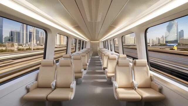 Spacious train interior features stylish seating with large windows displaying vibrant city views during a daytime trip