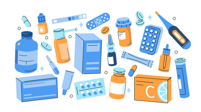 Pharmacy vector illustration set. Collection of pills, capsules, bottles, powder, medical products, supplement packages and other pharmaceutical elements.