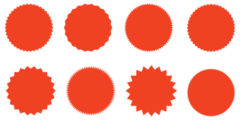 Sale sticker, price tag, starburst icon set, Set of red starburst. Price sticker, sale sticker, price tag, starburst, quality mark, retro stars, sale. Circle sticker set. Wavy edge promo red badges
