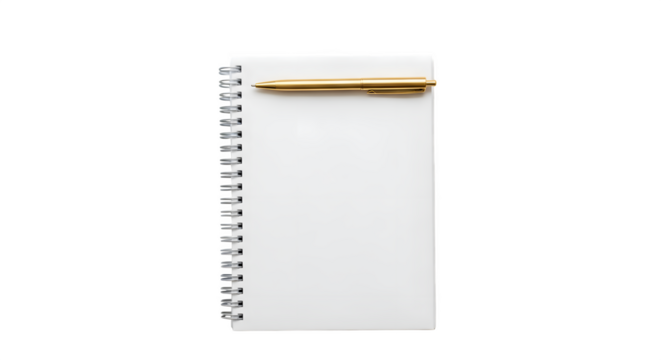 A blank white spiral bound notebook with a gold clip on top isolated on transparent background