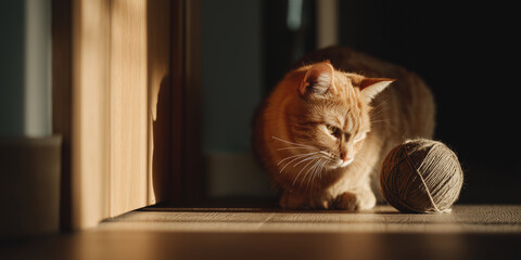 Orange cat sitting on the floor beside a ball of yarn, illuminated by warm sunlight through a doorway