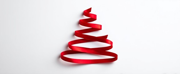 A decorative spiral ribbon is arranged to resemble a Christmas tree on a simple white surface. The vibrant red adds a festive touch, ideal for holiday decor