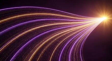 Abstract visualization of glowing light trails in purple and gold, converging towards a bright light source on a dark background, representing data flow or energy