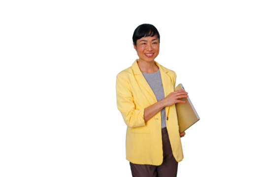 Asian businesswoman smiling and holding digital tablet, showing confidence and future ready technology