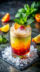 Colorful mai tai with crushed ice served on dark stone plate, garnished with cherry and mint. Colorful mai tai with tropical layers and juicy orange slices adds exotic touch to any bar or cafe.