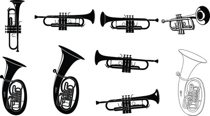Brass instrument icons, trumpets and tubas, black and white silhouettes, musical orchestra set, valve detail, band, vector, line art, collection © VectoBloom