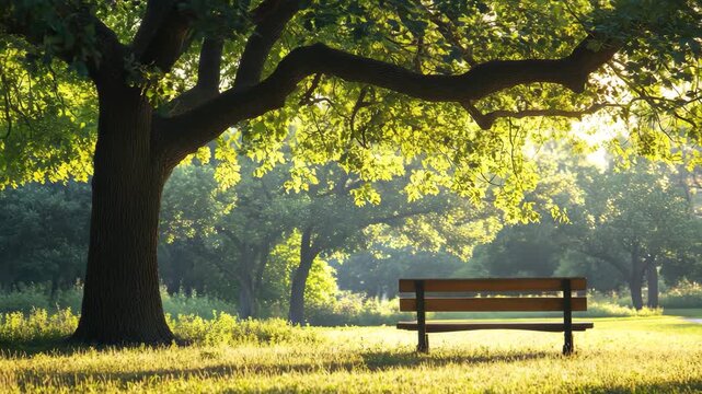 Wooden bench under large tree in park