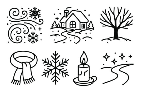 Winter Wonderland Icons. Peaceful Winter Scene outline icon set: snowflake swirl, cottage, frozen pond, bare tree, candle glow, scarf, stars, snow path.