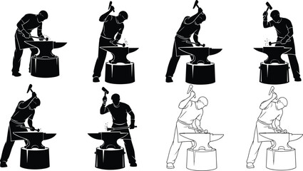 Blacksmith silhouettes, forging sequence, hammer striking metal, anvil work, sparks flying, metalworking process, industrial craft, workshop scene, series, vector set