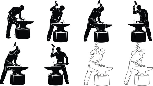 Blacksmith silhouettes, forging sequence, hammer striking metal, anvil work, sparks flying, metalworking process, industrial craft, workshop scene, series, vector set
