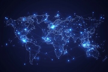 Abstract glowing blue digital network connecting cities across a dark world map illuminated by bright lights