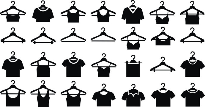 Clothing hanger icons, t-shirts, tank tops, crop tops, blouses, bras silhouettes, black and white vector set for fashion catalog, retail