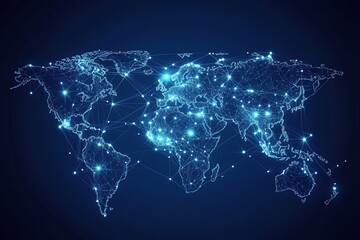 Global network of glowing lights representing cities and connections across the world map at night