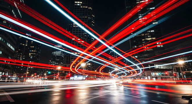 Cityscape night photography long exposure car light trails urban scene traffic motion blur abstract art - Powered by Adobe