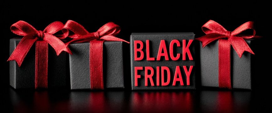 Beautifully wrapped gifts in black with vibrant red ribbons are arranged beside a bold Black Friday sign. This setup captures the festive shopping spirit during the holiday season - Powered by Adobe