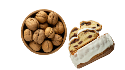 A wooden bowl filled with roasted coffee beans and a slice of fruitcake with white icing isolated on transparent background