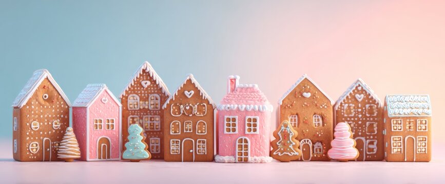 Colorful gingerbread houses in various shapes line up beautifully against a soft pastel background. The scene captures the spirit of the holiday season with festive decorations - Powered by Adobe