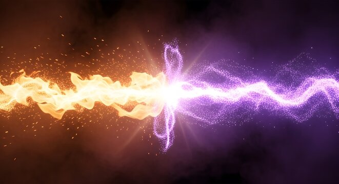 Abstract clash of opposing forces, represented by fiery orange energy and glowing purple particles colliding in a dramatic, luminous explosion against a dark, smoky background