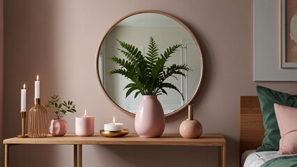 Fototapeta premium Minimalist Wooden Table with Mirror, Pink Decor, and Green Plant V3