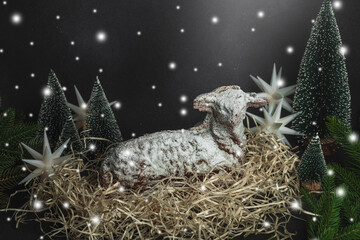 Christmas lamb cake with traditional New Year decor. Baked sweet dessert with sugar icing