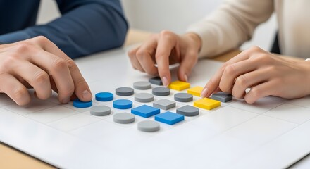 Close-up of hands strategically moving colorful game pieces on a white board, representing analytical thinking, collaboration, and problem-solving activity
